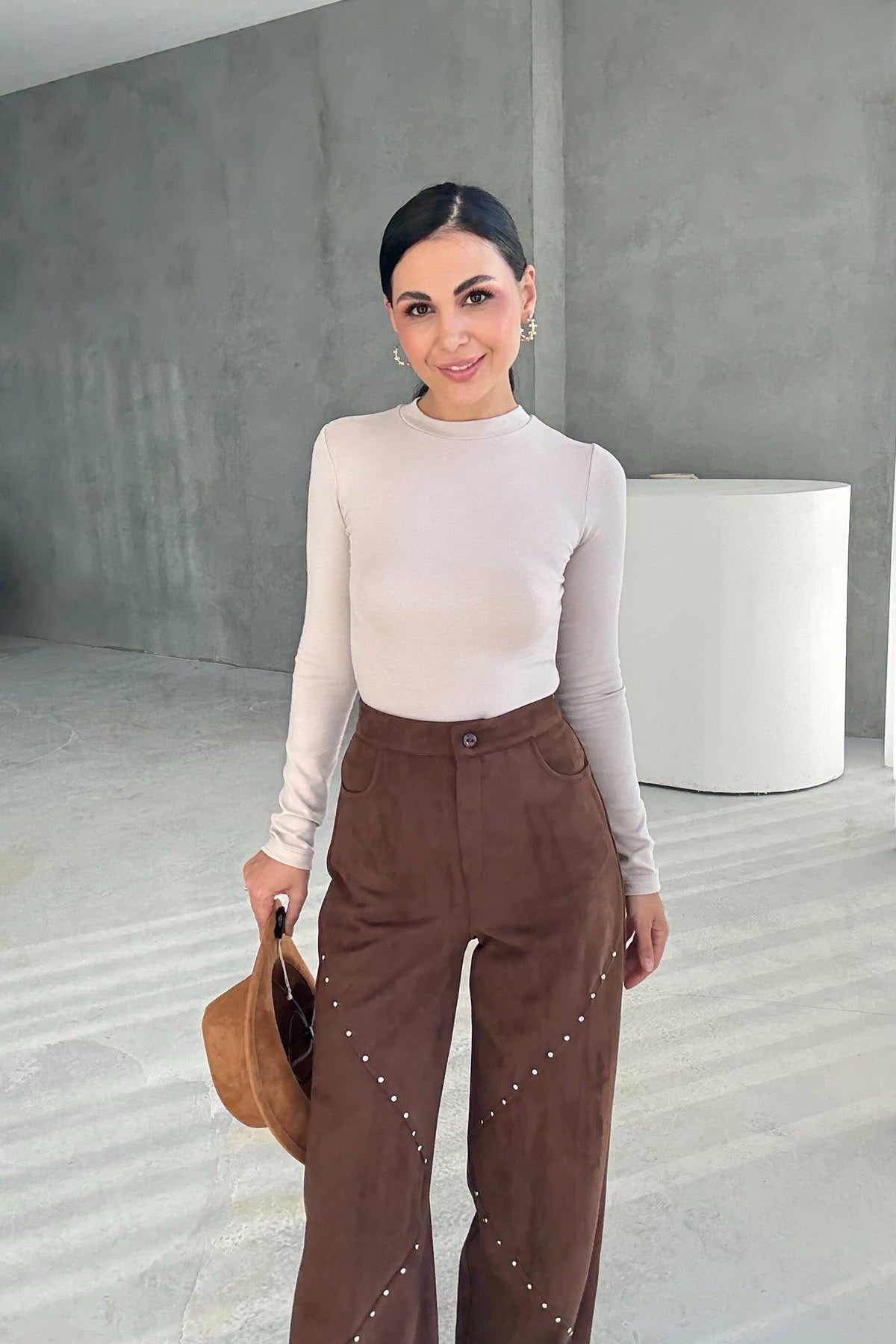 Kahve Süet Zımba Detaylı Pantolon SY-3357-Kahve