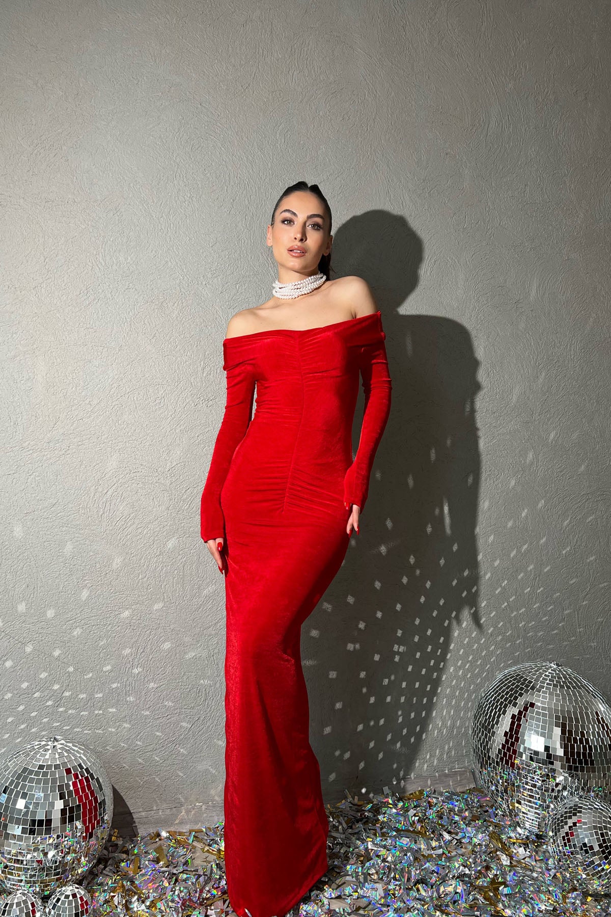 Kırmızı Yaka Detaylı Büzgülü Elbise SY-1427-Kırmızı