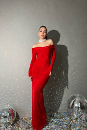 Kırmızı Yaka Detaylı Büzgülü Elbise SY-1427-Kırmızı