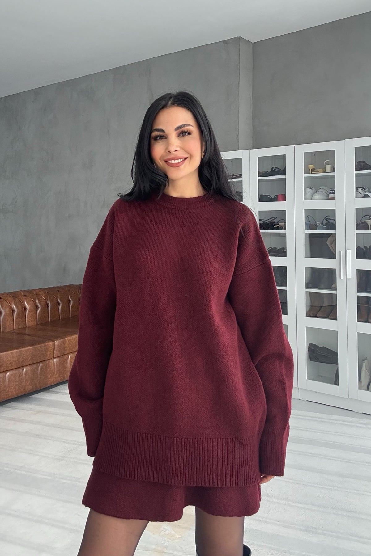 Bordo Bisiklet Yaka Mini Etek Kazak Takım SY-2811-Bordo