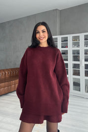 Bordo Bisiklet Yaka Mini Etek Kazak Takım SY-2811-Bordo