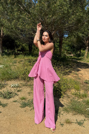 Pembe Volan Detaylı Bluz ve Pantolon Takım SY-3190-Pembe