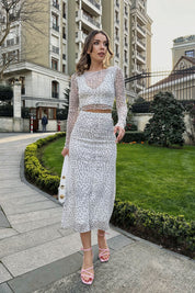 Beyaz Puantiyeli Tül Crop ve Maxi Etek Takım SY-0260-Beyaz