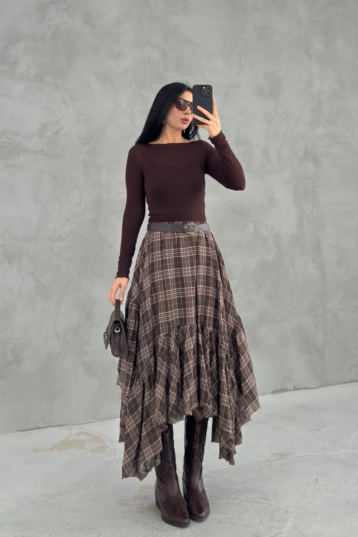Kemerli Volan Detaylı Ekose Asimetrik Kesim Etek SY-3647-Kahverengi