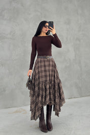 Kemerli Volan Detaylı Ekose Asimetrik Kesim Etek SY-3647-Kahverengi