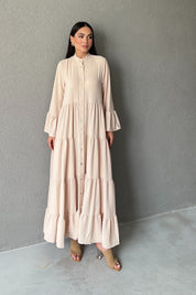 Hakim Yaka Düğmeli Uzun Dokuma Bej Elbise SY-3034-Bej