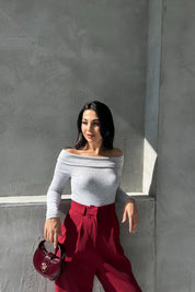 Gri Fitilli Madonna Yaka Bluz SY-2622-Gri