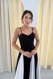 Siyah Kalp Yaka Blok Renkli Askılı Panarea Elbise SY-3299-Siyah