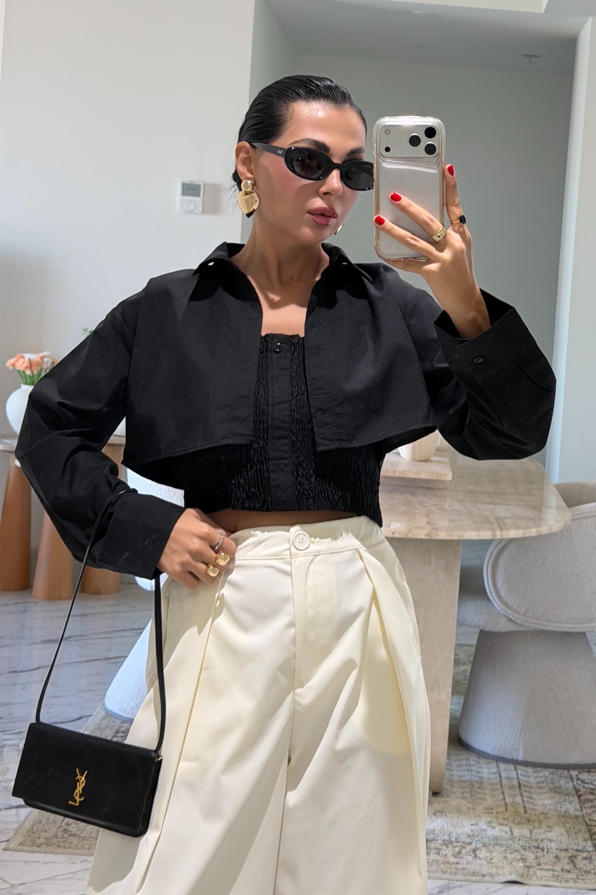 Siyah Gipeli Crop Gömlek Poplin Takım SY-2466-Siyah