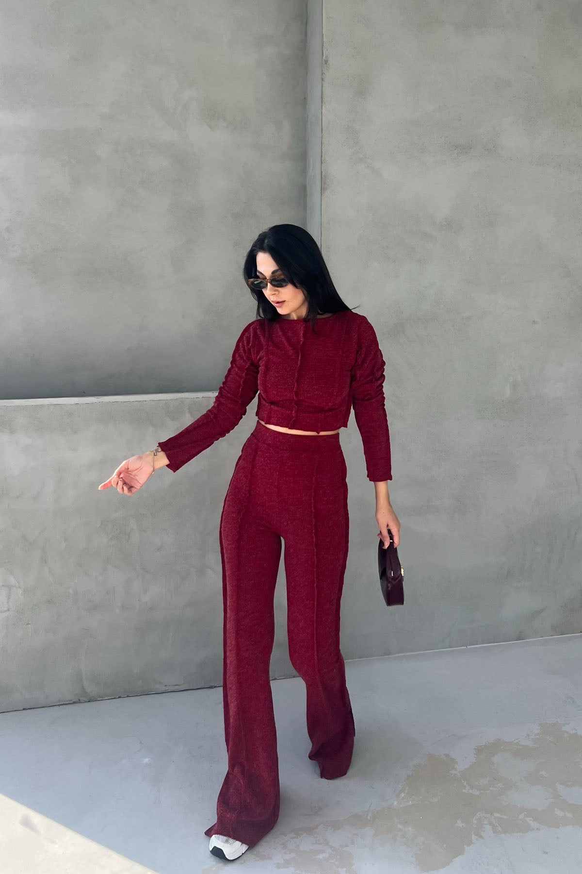 Bordo Ters Dikiş Detaylı Bluz Pantolon Triko Takım SY-2611-Bordo