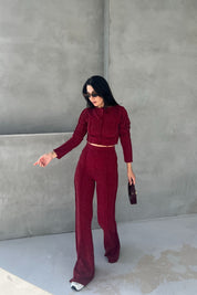 Bordo Ters Dikiş Detaylı Bluz Pantolon Triko Takım SY-2611-Bordo