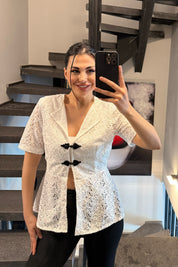 Beyaz Dantel Detaylı Vintage Bluz SY-3695-Beyaz