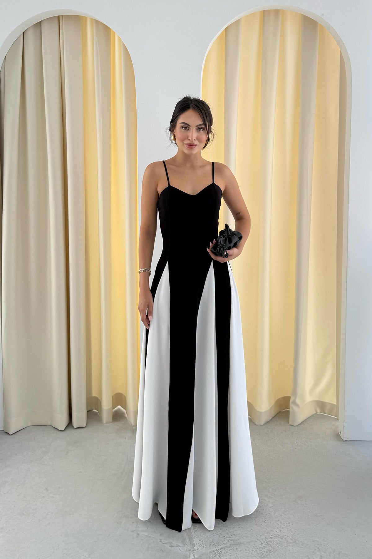 Siyah Kalp Yaka Blok Renkli Askılı Panarea Elbise SY-3299-Siyah