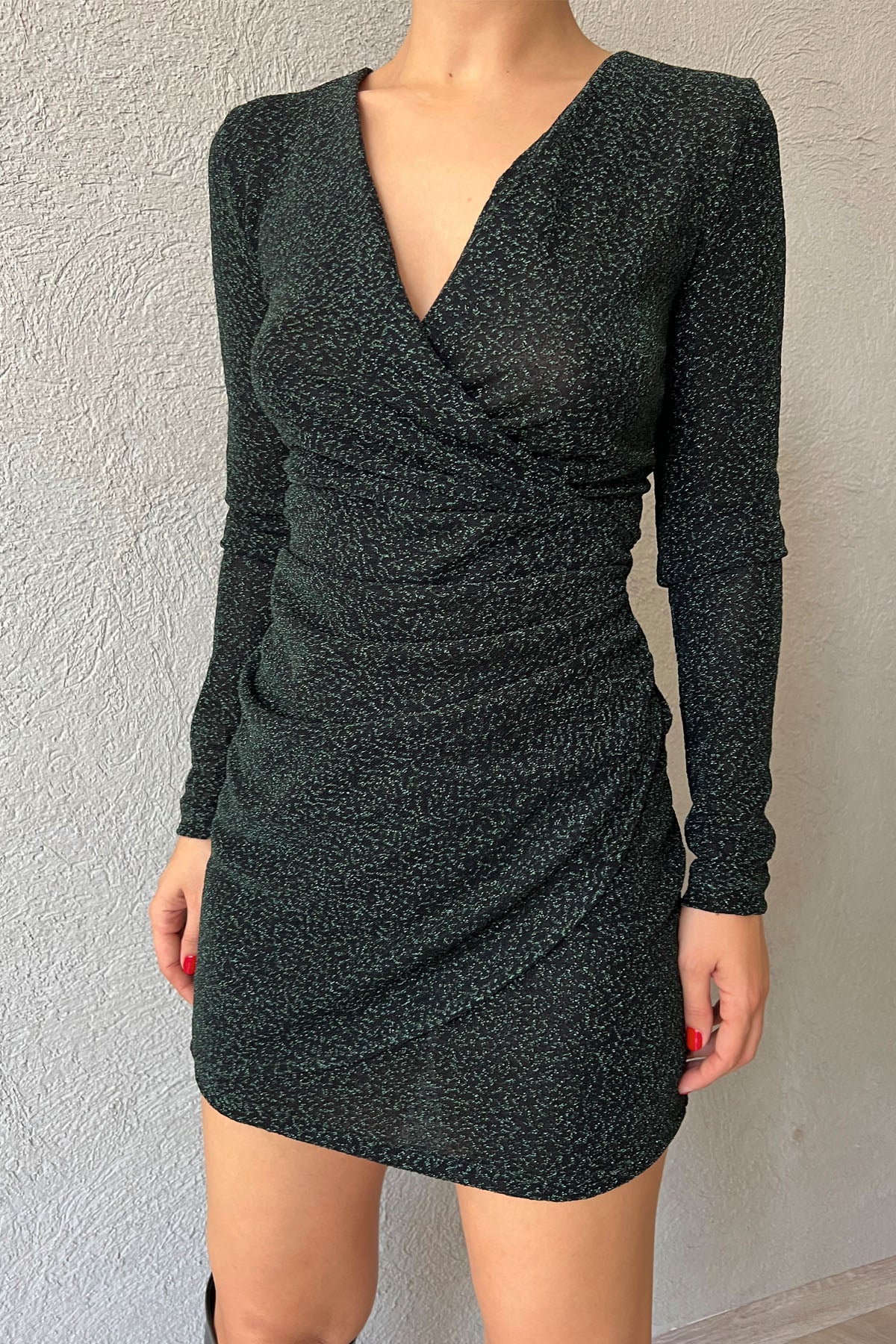 Yeşil Simli Kruvaze Elbise SY-1200-Yeşil