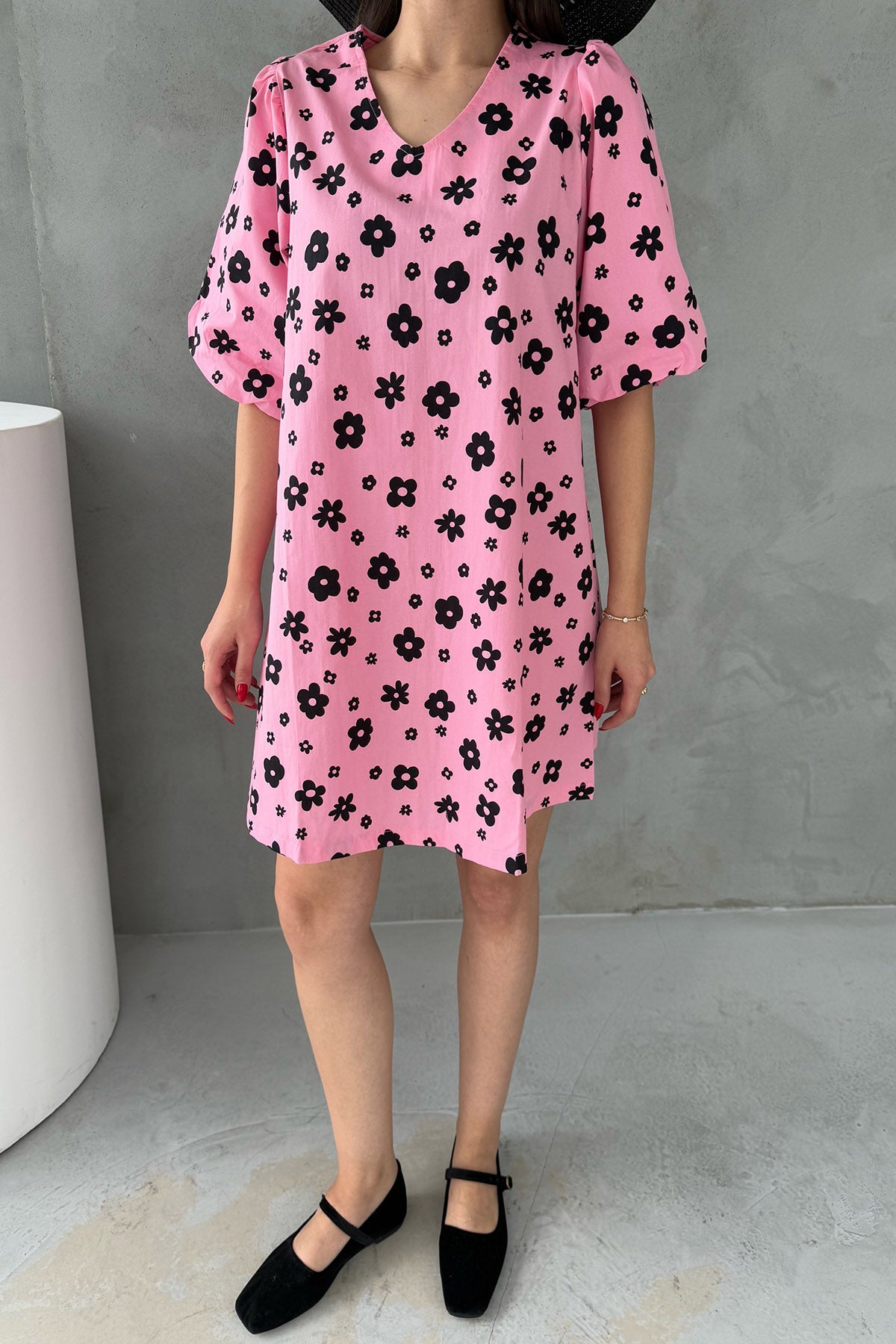 Pembe Çiçek Desenli Balon Kol Mini Elbise SY-3051-Pembe