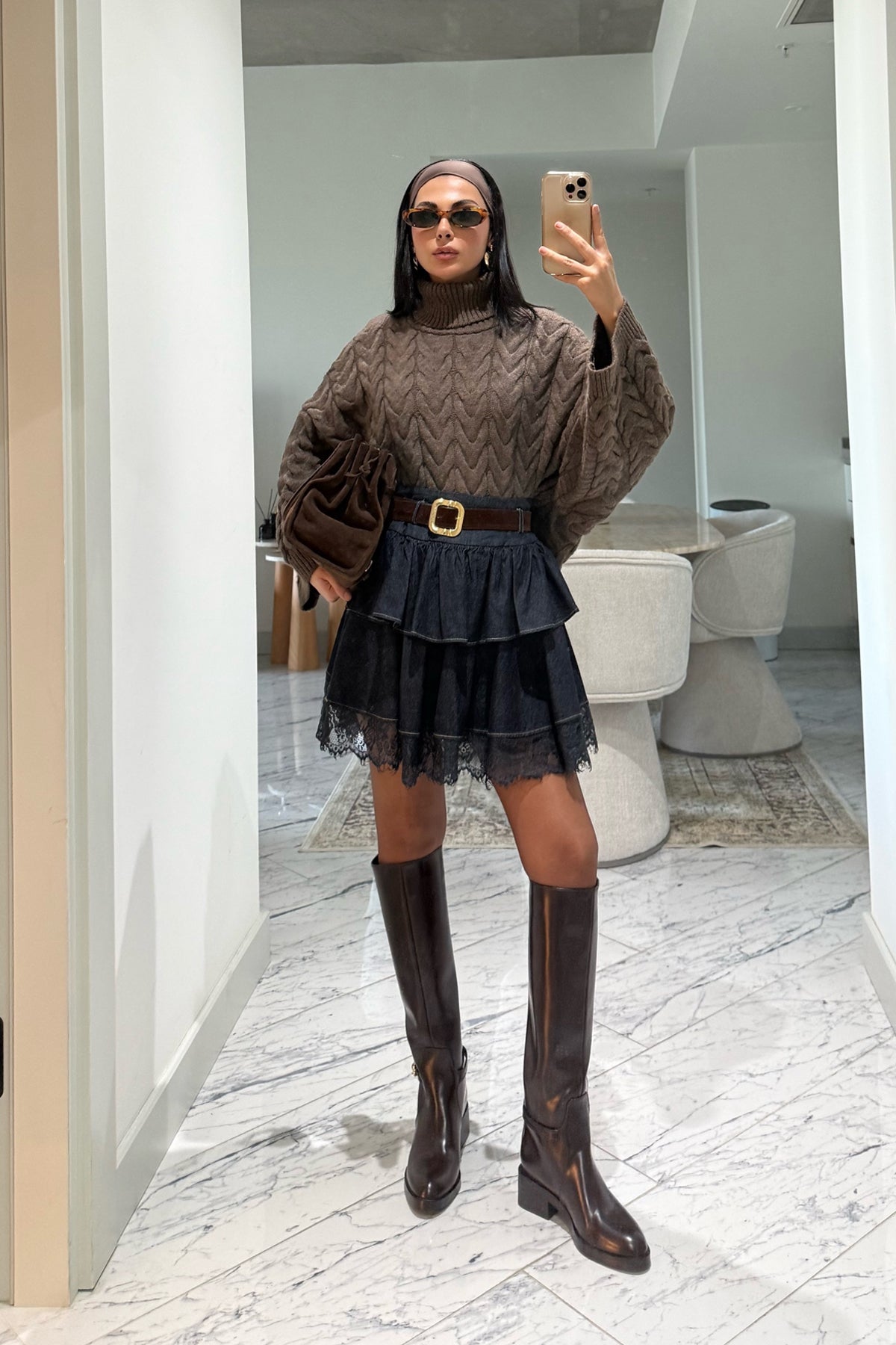 Etek Ucu Dantelli Beli Kemerli Denim Mini Etek SY-3498-Lacivert