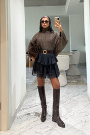 Etek Ucu Dantelli Beli Kemerli Denim Mini Etek SY-3498-Lacivert