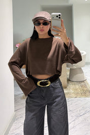 Kahve Bisiklet Yaka Oversize Basic Bluz SY-3899-Kahverengi