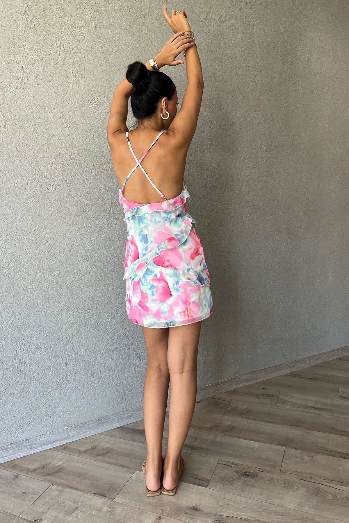 Pembe Çapraz Askılı  Fırfır Detaylı Mini Elbise SY-2331-Pembe