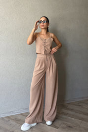 Vizon İnce Askılı İp Bağlama Detaylı Crop Pantolon Takım SY-2361-Vizon