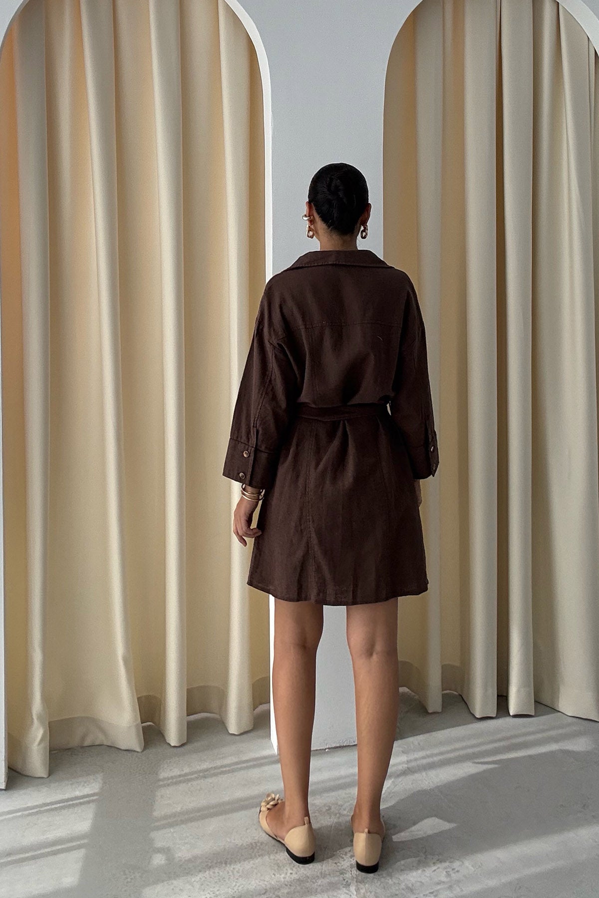 Kahve Keten Kuşaklı Gömlek Elbise SY-3213-Kahve