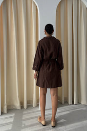 Kahve Keten Kuşaklı Gömlek Elbise SY-3213-Kahve