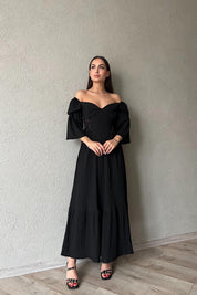 Siyah Düşük Kol Balenli  Gofre Kumaş Uzun Elbise SY-1779-Siyah