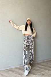 BEJ ZEBRA DESENLİ BELİ LASTİKLİ BOL PAÇA SATEN PANTOLON SY-1486-Bej