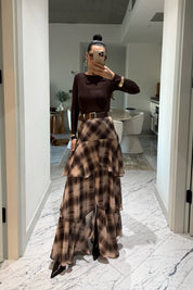 Kahve Ekoseli Fırfırlı Kat Kat Kemerli ETek SY-3525-Kahverengi