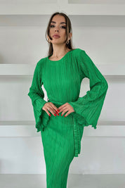 Çimen Yeşili İspanyol Kol Piliseli Kuşaklı Elbise SY-0088-Çimen Yeşili