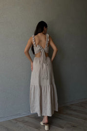 Bej Desenli Kolu Fırfırlı Bağlamalı Elbise SY-2347-Bej