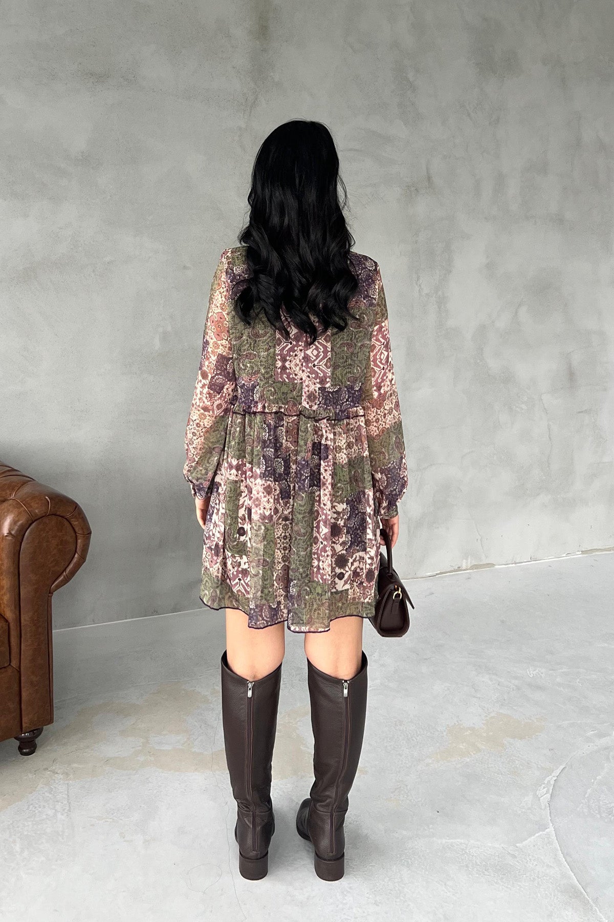 Haki Çiçek Desenli Astarlı Şifon Elbise SY-2917-Haki