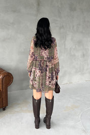 Haki Çiçek Desenli Astarlı Şifon Elbise SY-2917-Haki