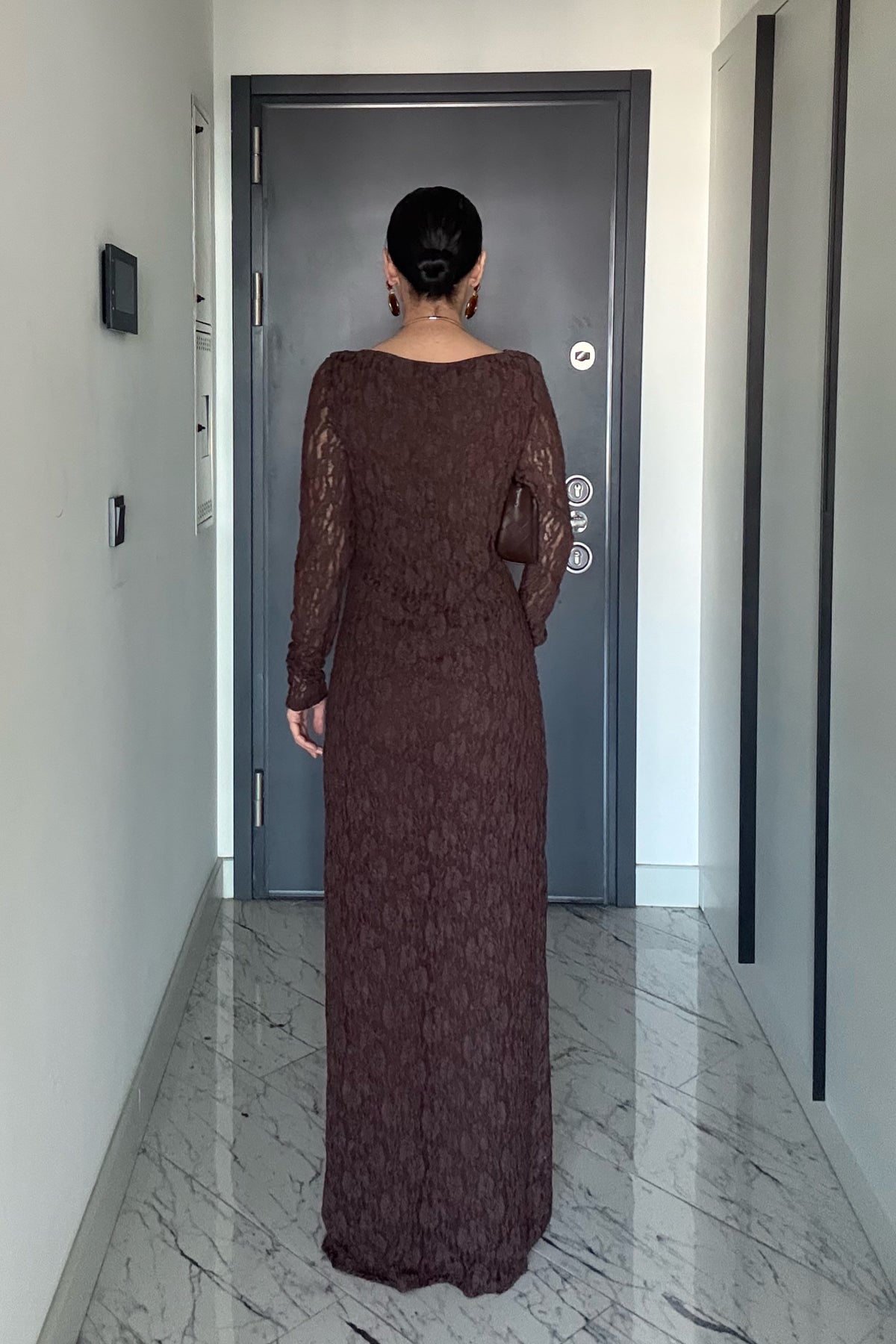 Kahve Toka Detaylı Dantel Uzun Elbise SY-3547-Kahverengi