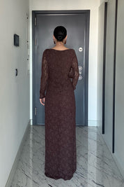 Kahve Toka Detaylı Dantel Uzun Elbise SY-3547-Kahverengi