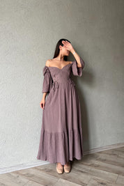 Mürdüm Düşük Kol Balenli  Gofre Kumaş Uzun Elbise SY-1779-Mürdüm