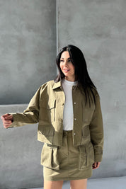 Haki Safari Çok Cepli Çıtçıtlı Etek Ceket Takım SY-2691-Haki