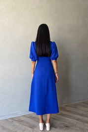 Saks Mavisi İnci Düğme Detay Elbise SY-0351-Saks Mavi