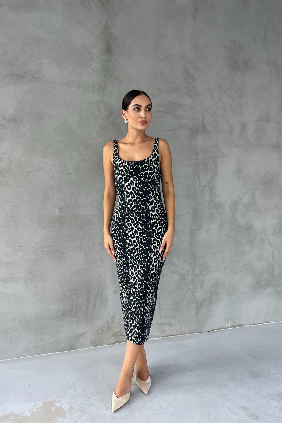 Leopar Arkası Yırtmaçlı Denim Elbise SY-2443-Leopar