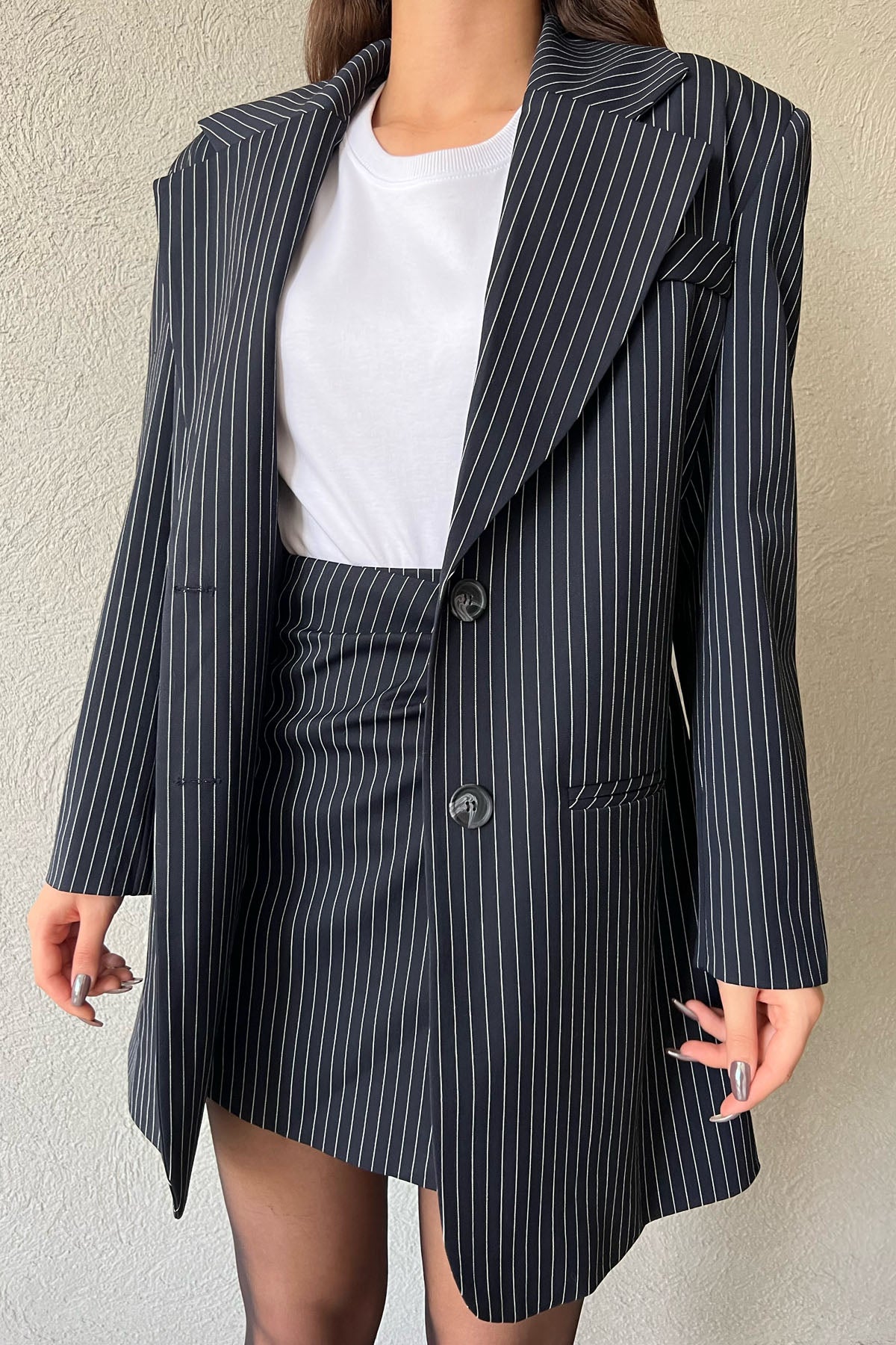 Lacivert Tasarım Uzun Çizgili Blazer Ceket SY-0950-Lacivert