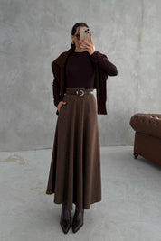 Kahverengi Ekoseli Cepli Midi Etek SY-3467-Kahve