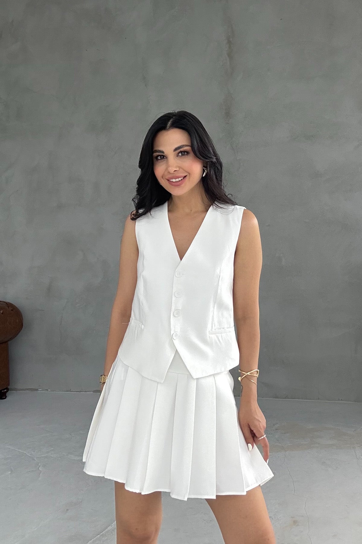 Ekru Maskülen Yelek Piliseli Etek Takım SY-2030-Ekru