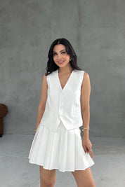 Ekru Maskülen Yelek Piliseli Etek Takım SY-2030-Ekru