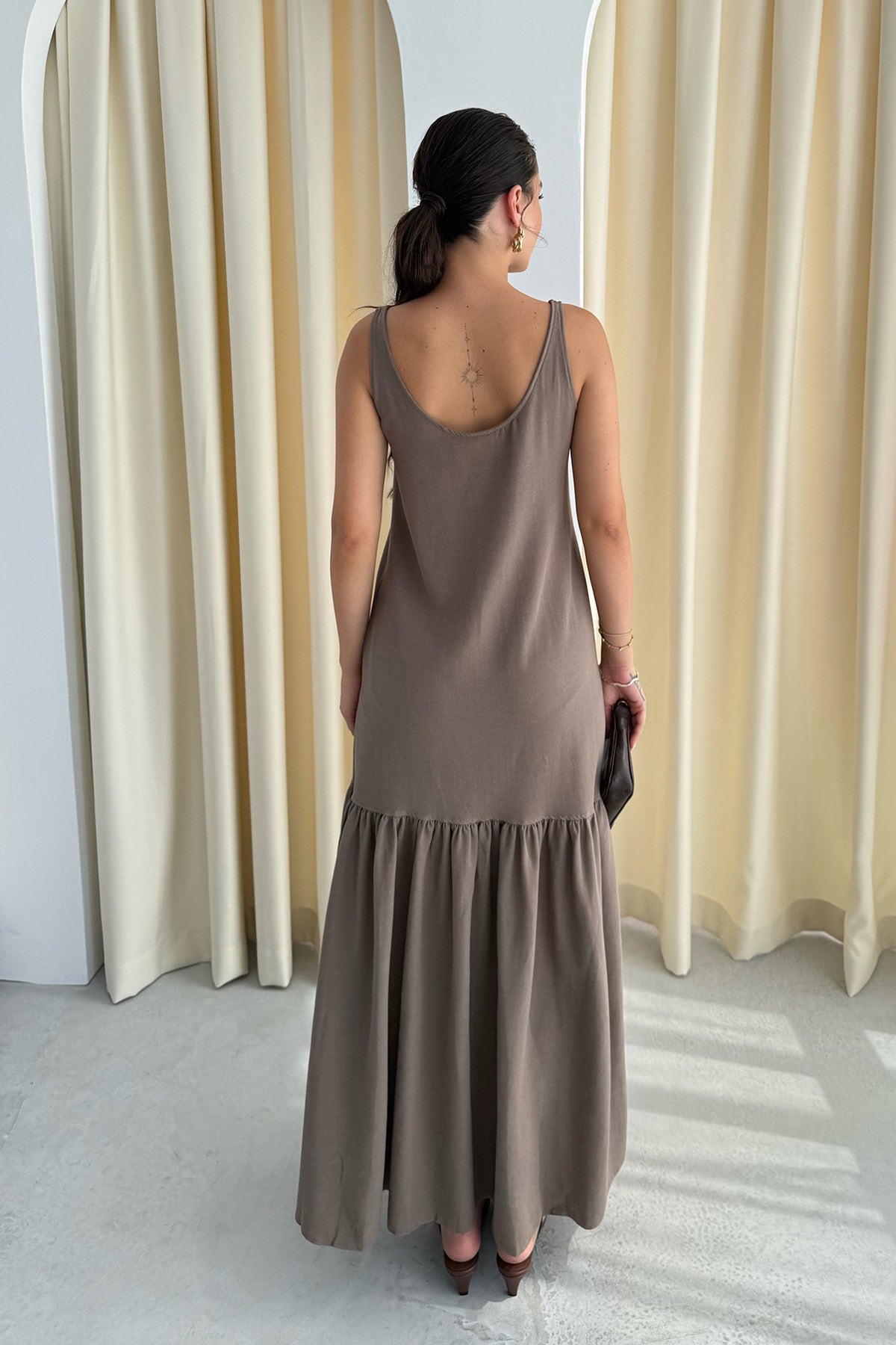 Kahve Askılı Maxi Keten Elbise SY-3134-Kahve