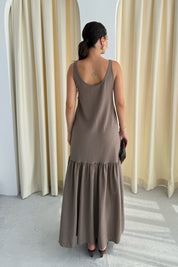 Kahve Askılı Maxi Keten Elbise SY-3134-Kahve