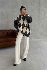 Antrasit ve Sarı Renkli Baklava Desenli Kazak SY-3408-Antrasit