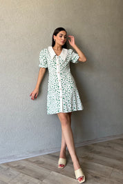 Yeşil Desenli Düğme Detaylı Poplin Elbise SY-2058-Yeşil