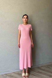 Pembe Kısa Kol Fitilli Midi Boy Triko Elbise SY-2111-Pembe
