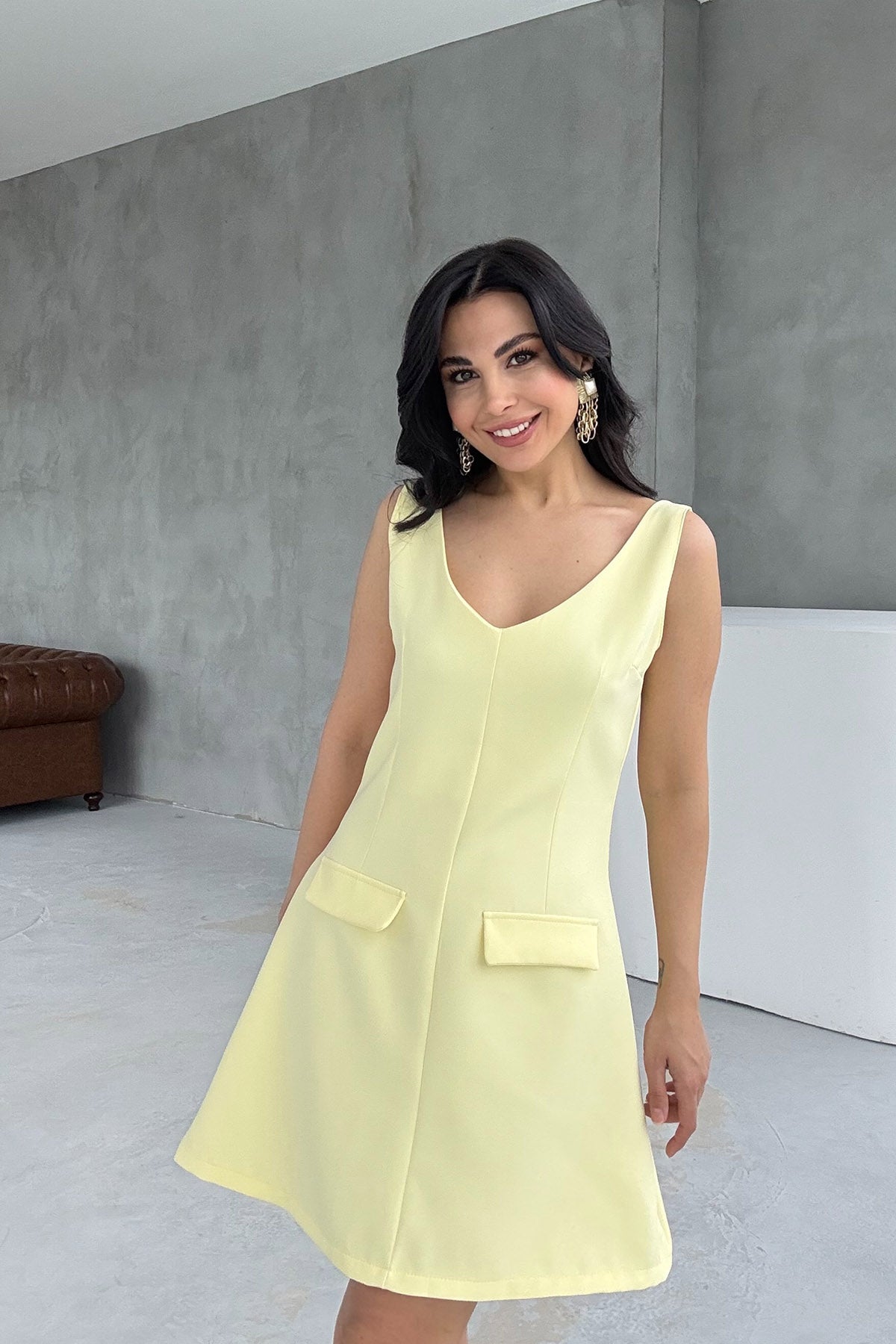Sarı Askılı Sahte Cep Detaylı Elbise SY-3139-Sarı