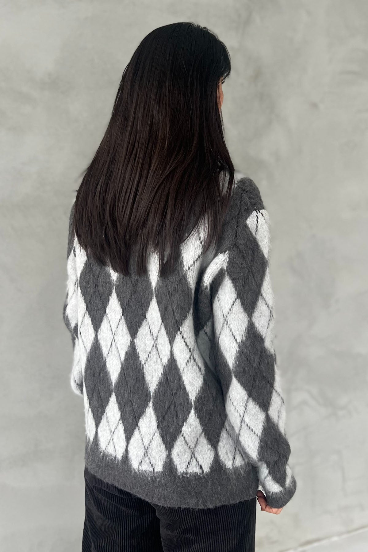 Gri Bisiklet Yaka Baklava Desenli Kazak SY-2789-Gri